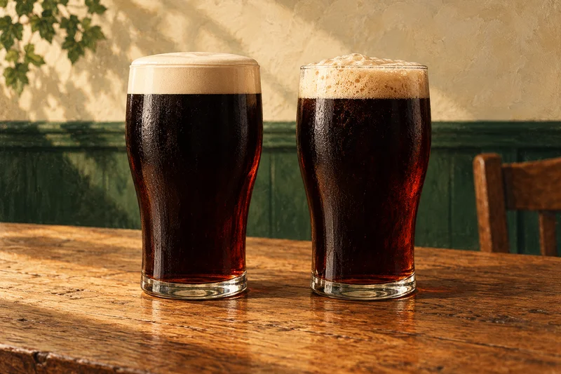 Illustration of two dark stouts with smooth and frothy foam on an oak table