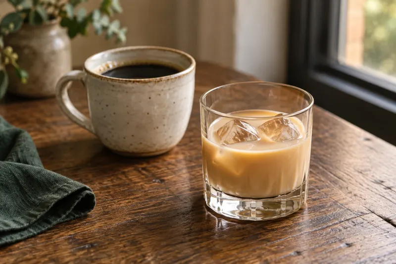 Illustration of Irish cream over ice beside a cup of coffee